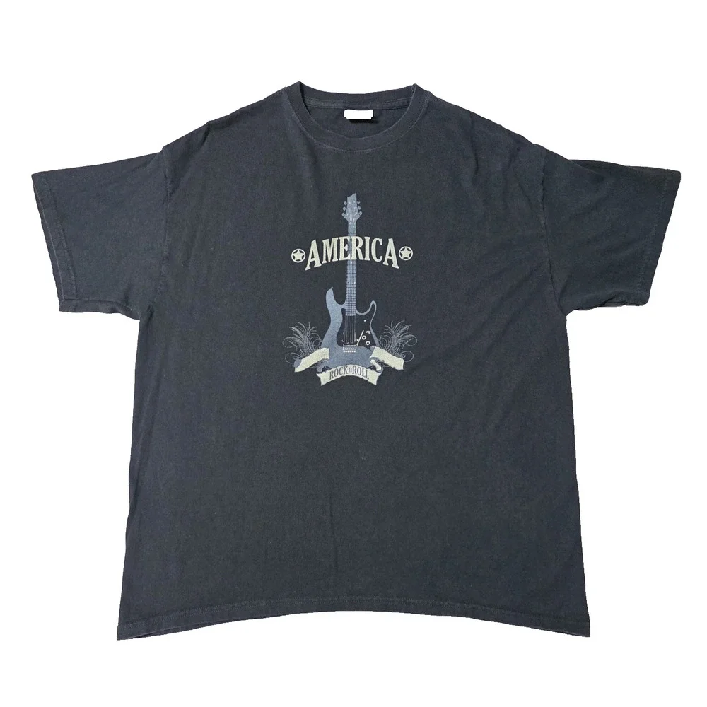 America Rock N' Roll Guitar Graphic T-Shirt Adult XL Black Fade Y2K